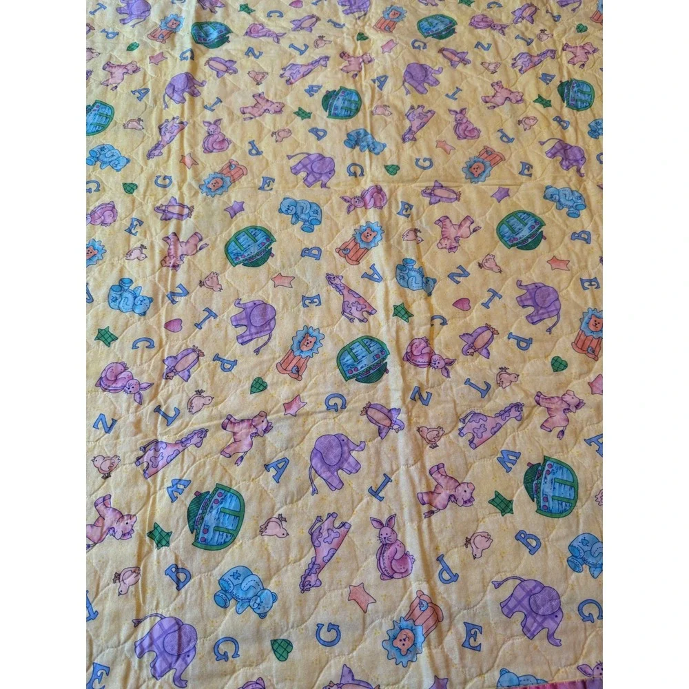 Vintage Alphabet Animal Baby‎ Quilt Yellow Rainbow Satin Edge Blanket